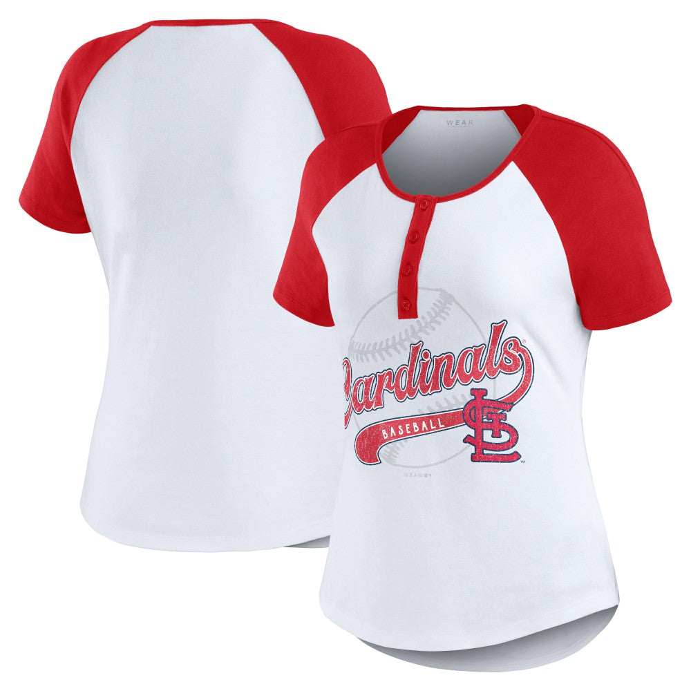 St. Louis Cardinals WEAR by Erin Andrews Women's Fitted Henley Raglan T-Shirt White/Red