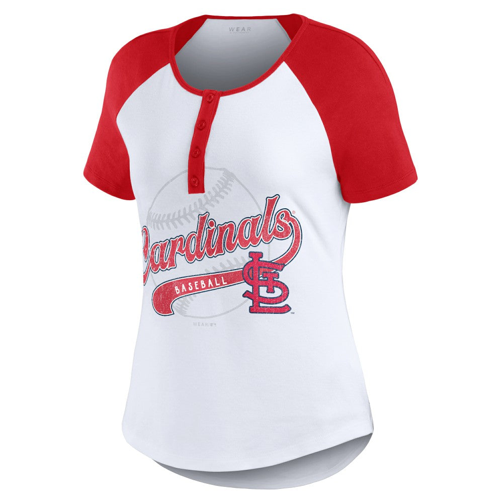 St. Louis Cardinals WEAR by Erin Andrews Women's Fitted Henley Raglan T-Shirt White/Red