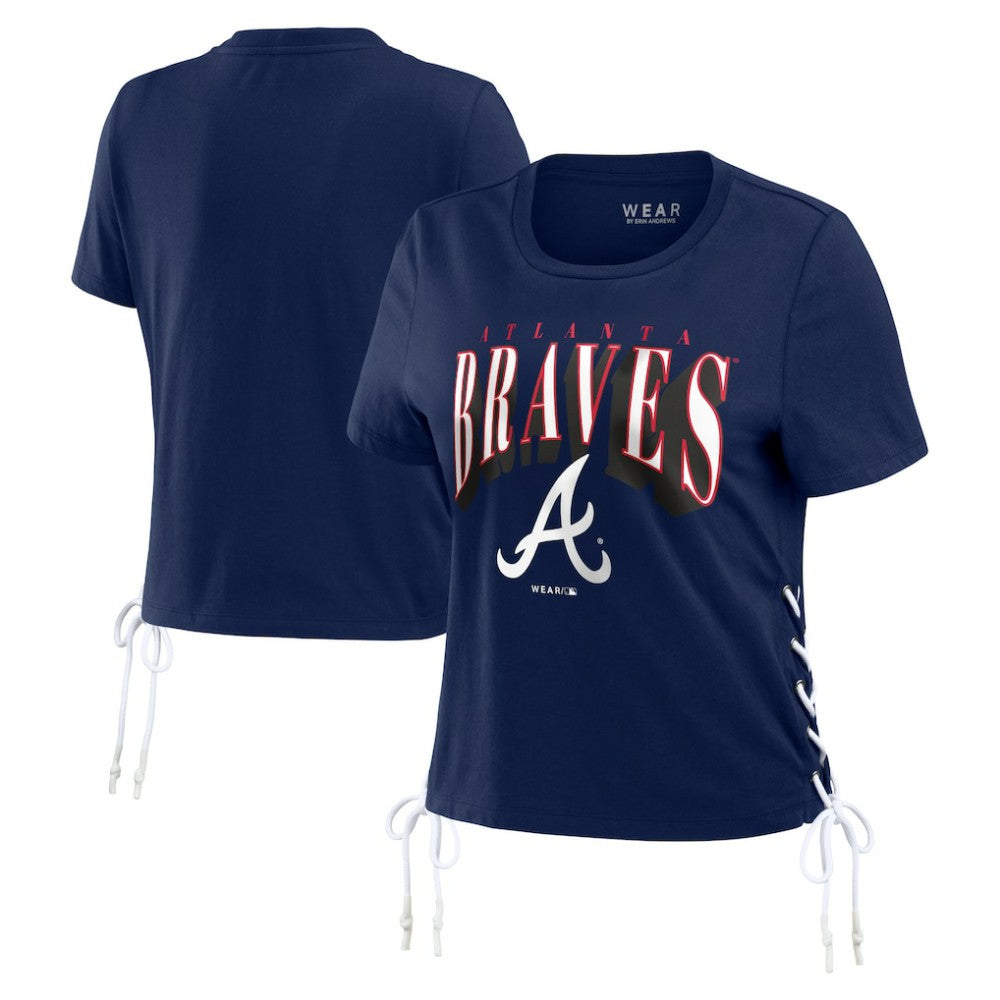 Atlanta Braves WEAR by Erin Andrews Women's Side Lace-Up Cropped T-Shirt Navy
