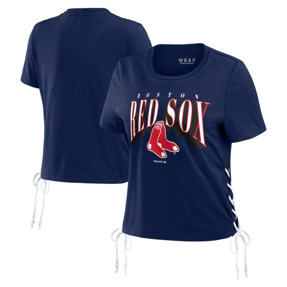 Boston Red Sox WEAR by Erin Andrews Women's Side Lace-Up Cropped T-Shirt Navy