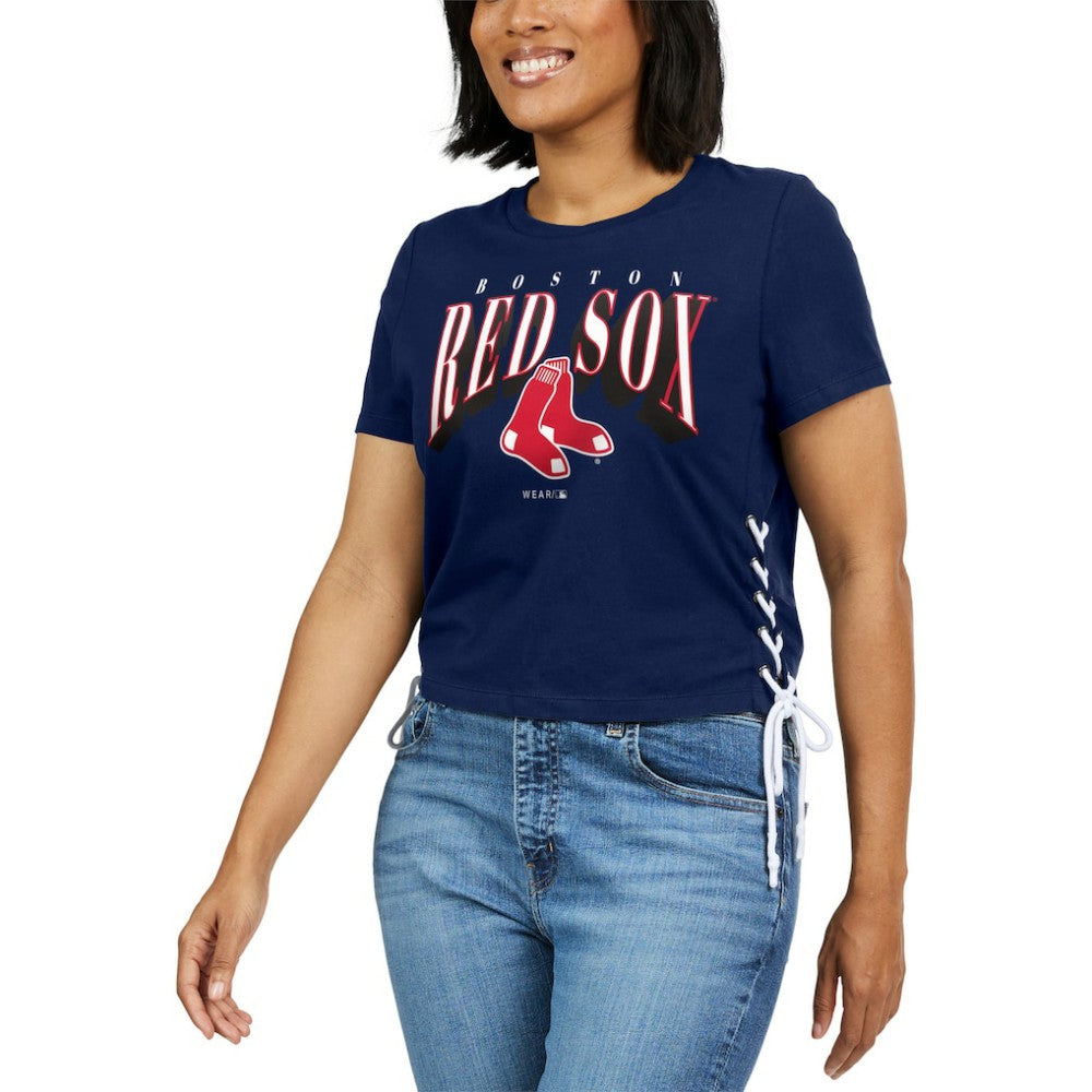 Boston Red Sox WEAR by Erin Andrews Women's Side Lace-Up Cropped T-Shirt Navy
