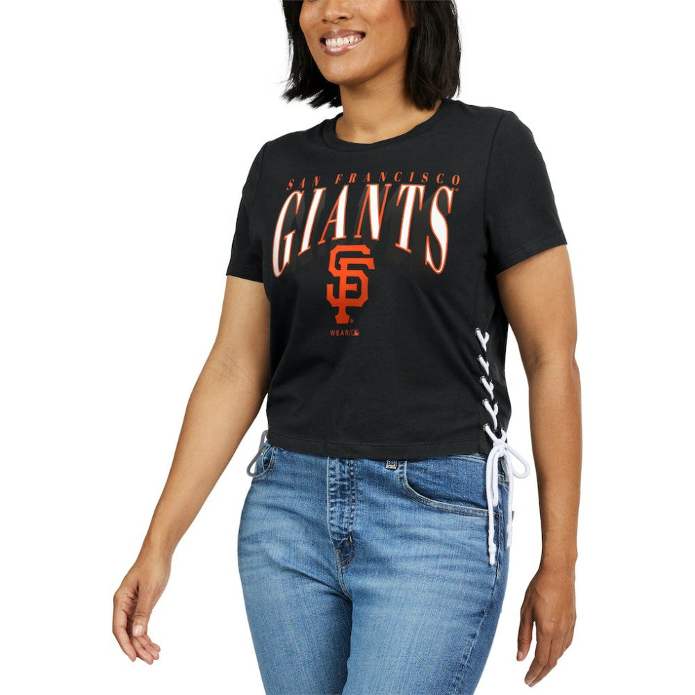 San Francisco Giants WEAR by Erin Andrews Women's Side Lace-Up Cropped T-Shirt Black
