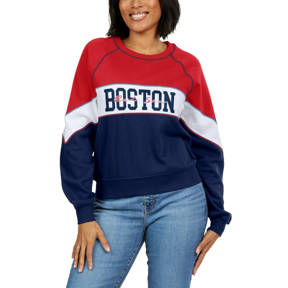 Boston Red Sox WEAR by Erin Andrews Women's Color Block Crew Neck Pullover Sweatshirt Red/Navy
