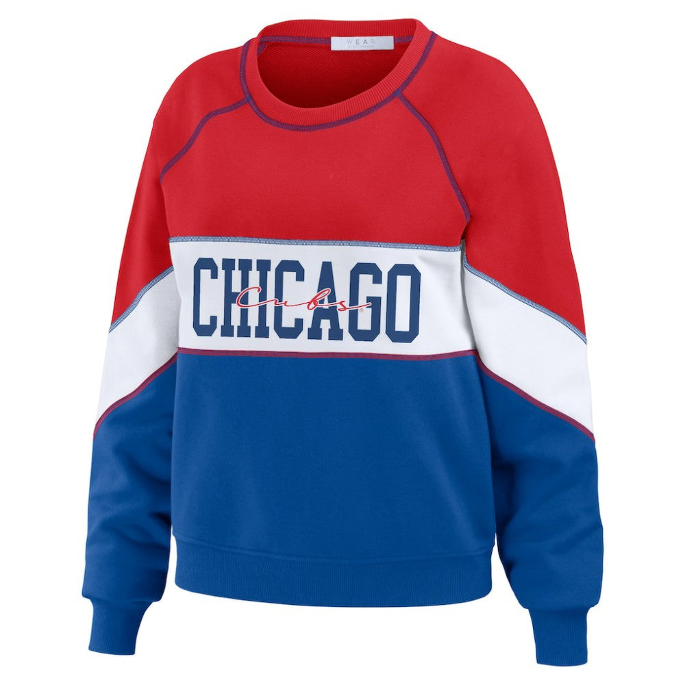 Chicago Cubs WEAR by Erin Andrews Women's Color Block Crew Neck Pullover Sweatshirt Red/Royal