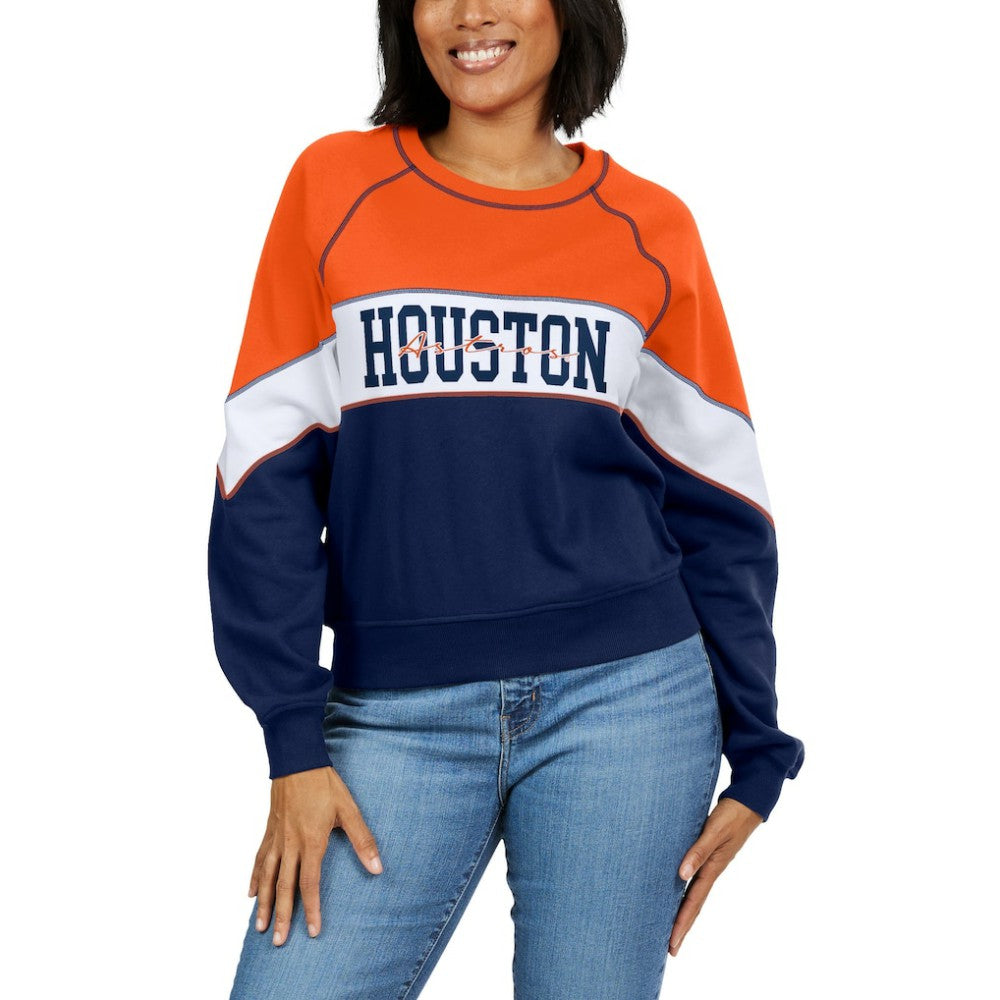 Houston Astros WEAR by Erin Andrews Women's Color Block Crew Neck Pullover Sweatshirt Orange/Navy