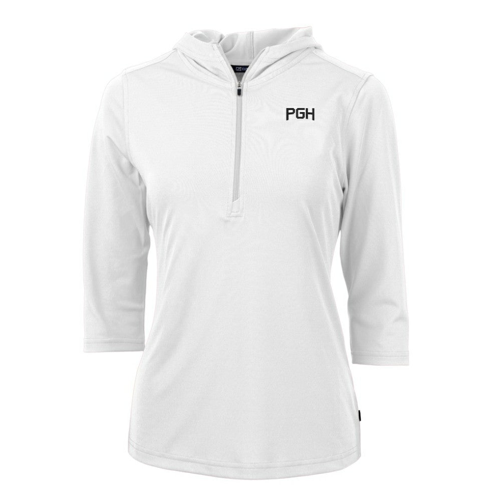 Pittsburgh Pirates Cutter & Buck Women's City Connect Virtue Eco Pique Half-Zip 3/4 Sleeve Pullover Hoodie White