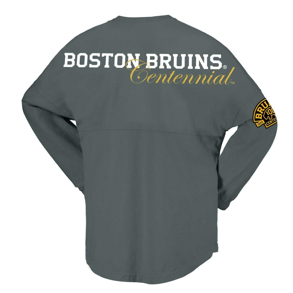 Boston Bruins Fanatics Women's 100th Anniversary Spirit Jersey T-Shirt Gray