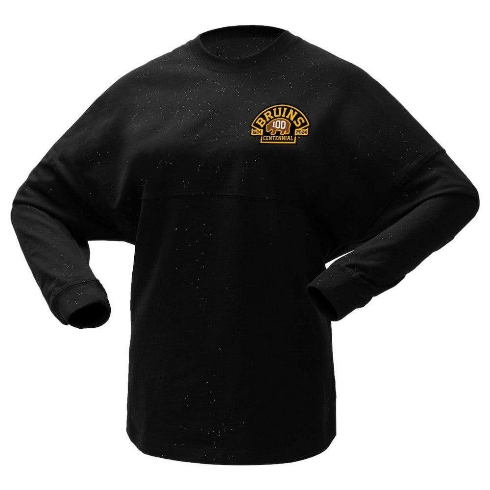 Boston Bruins Fanatics Women's 100th Anniversary Sparkle Spirit Jersey T-Shirt Black