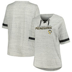 Pittsburgh Penguins Fanatics Women's Plus Size Lace-Up T-Shirt Heather Gray