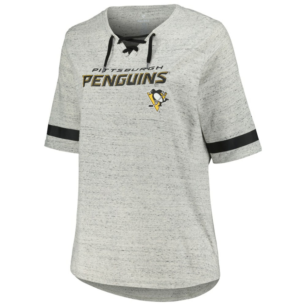 Pittsburgh Penguins Fanatics Women's Plus Size Lace-Up T-Shirt Heather Gray