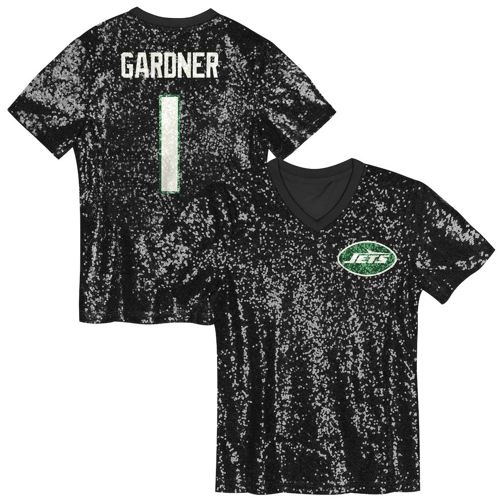 Sauce Gardner New York Jets Girls Youth Sequin V-Neck Fashion Jersey - Black for sale