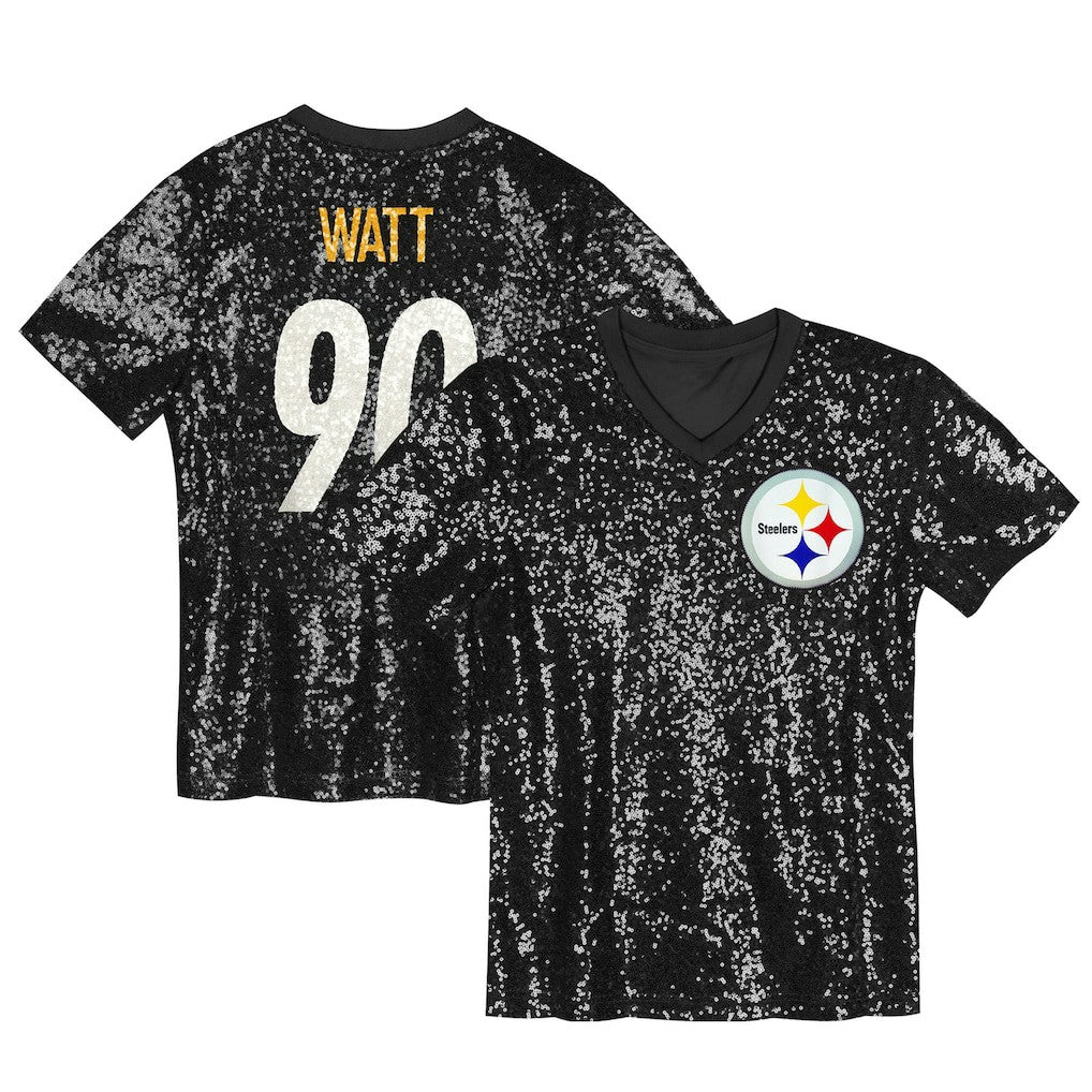 T.J. Watt Pittsburgh Steelers Girls Youth Sequin V-Neck Fashion Jersey - Black outlet