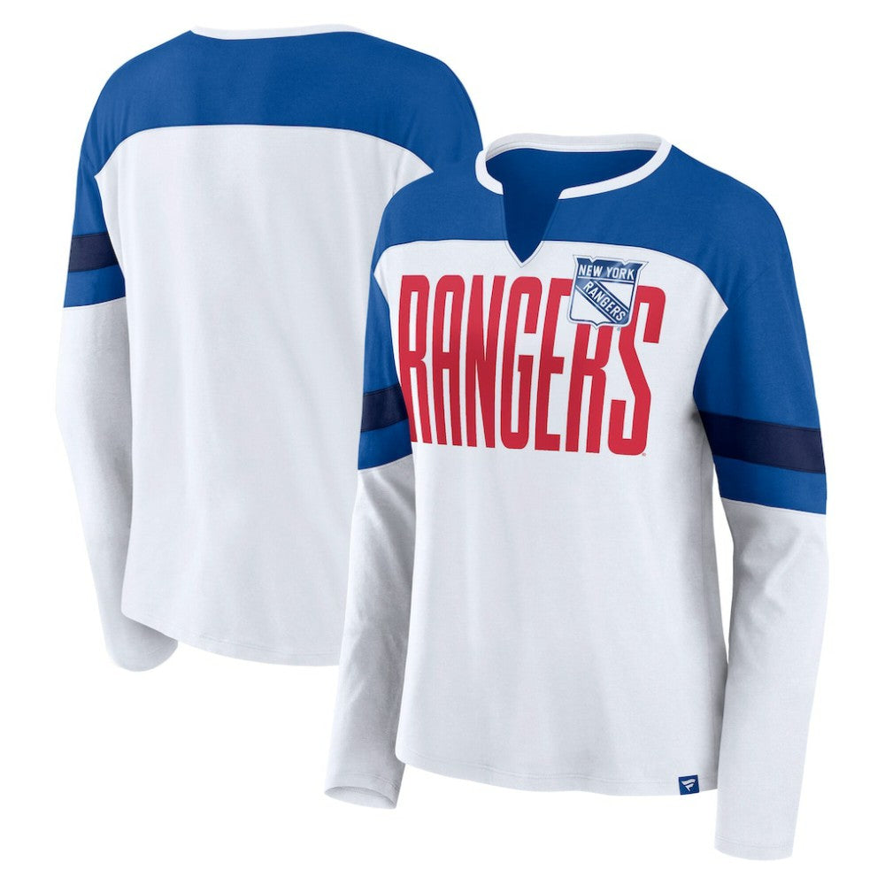 New York Rangers Fanatics Women's Frozen Long Sleeve Notch Neck T-Shirt White/Blue