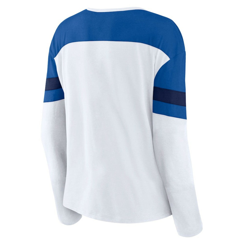 New York Rangers Fanatics Women's Frozen Long Sleeve Notch Neck T-Shirt White/Blue