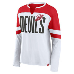 New Jersey Devils Fanatics Women's Frozen Long Sleeve Notch Neck T-Shirt White/Red