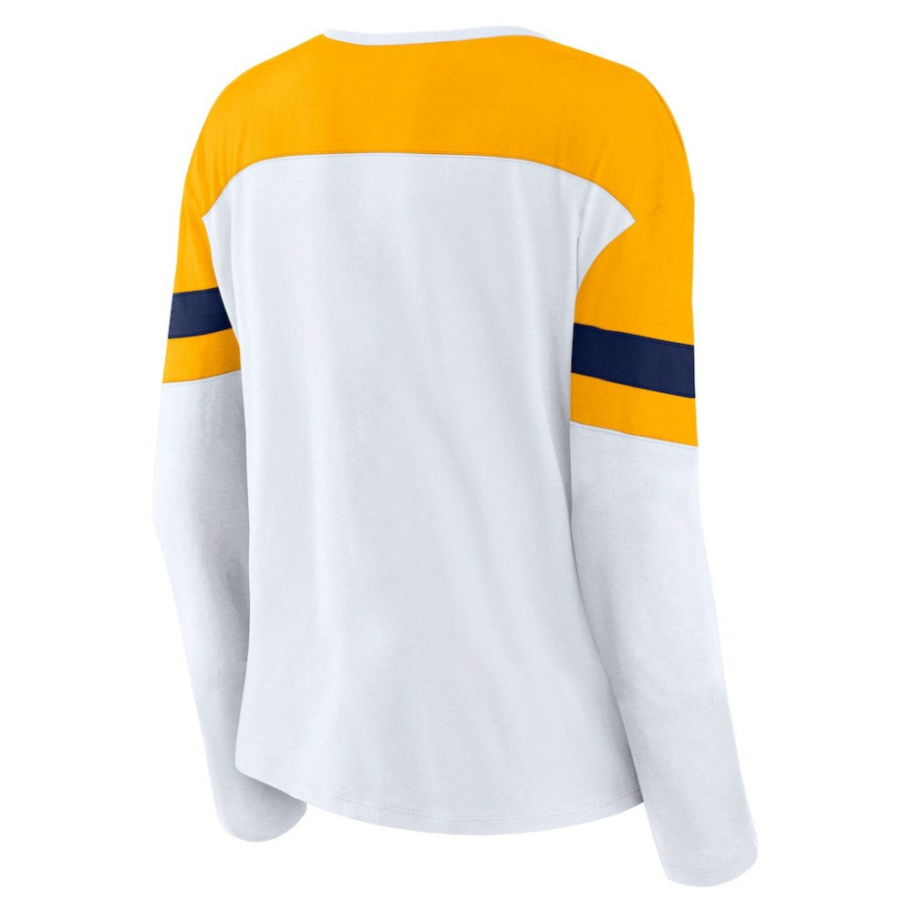 Nashville Predators Fanatics Women's Frozen Long Sleeve Notch Neck T-Shirt White/Gold