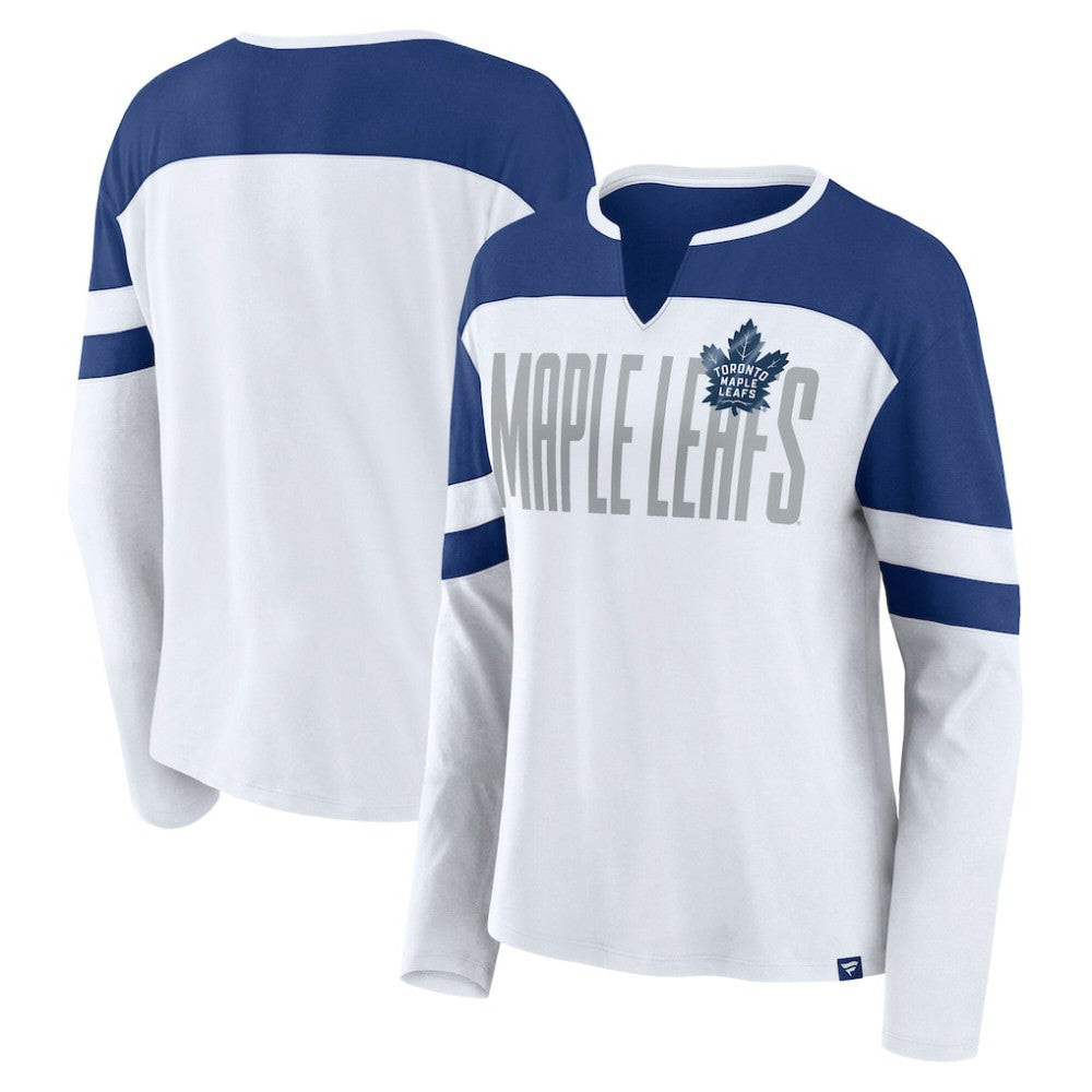 Toronto Maple Leafs Fanatics Women's Frozen Long Sleeve Notch Neck T-Shirt White/Blue