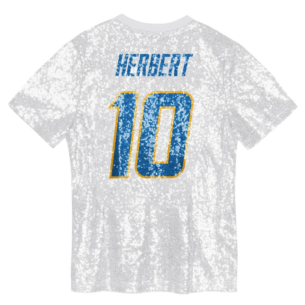 Justin Herbert Los Angeles Chargers Girls Youth Sequin V-Neck Fashion Jersey - Powder Blue on sale