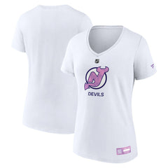 New Jersey Devils Fanatics Women's 2024 Hockey Fights Cancer V-Neck T-Shirt White
