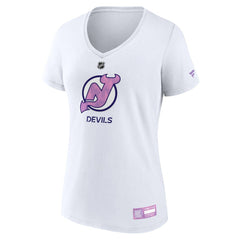 New Jersey Devils Fanatics Women's 2024 Hockey Fights Cancer V-Neck T-Shirt White