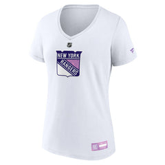 New York Rangers Fanatics Women's 2024 Hockey Fights Cancer V-Neck T-Shirt White