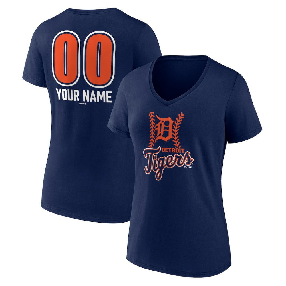 Detroit Tigers Women's Personalized Name & Number Fastball V-Neck T-Shirt Navy