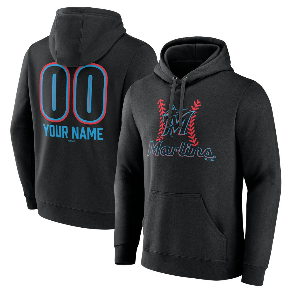 Miami Marlins Personalized Name & Number Fastball Pullover Hoodie Black