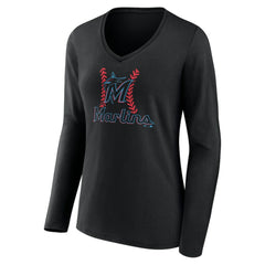 Miami Marlins Women's Personalized Name & Number Fastball Long Sleeve V-Neck T-Shirt Black