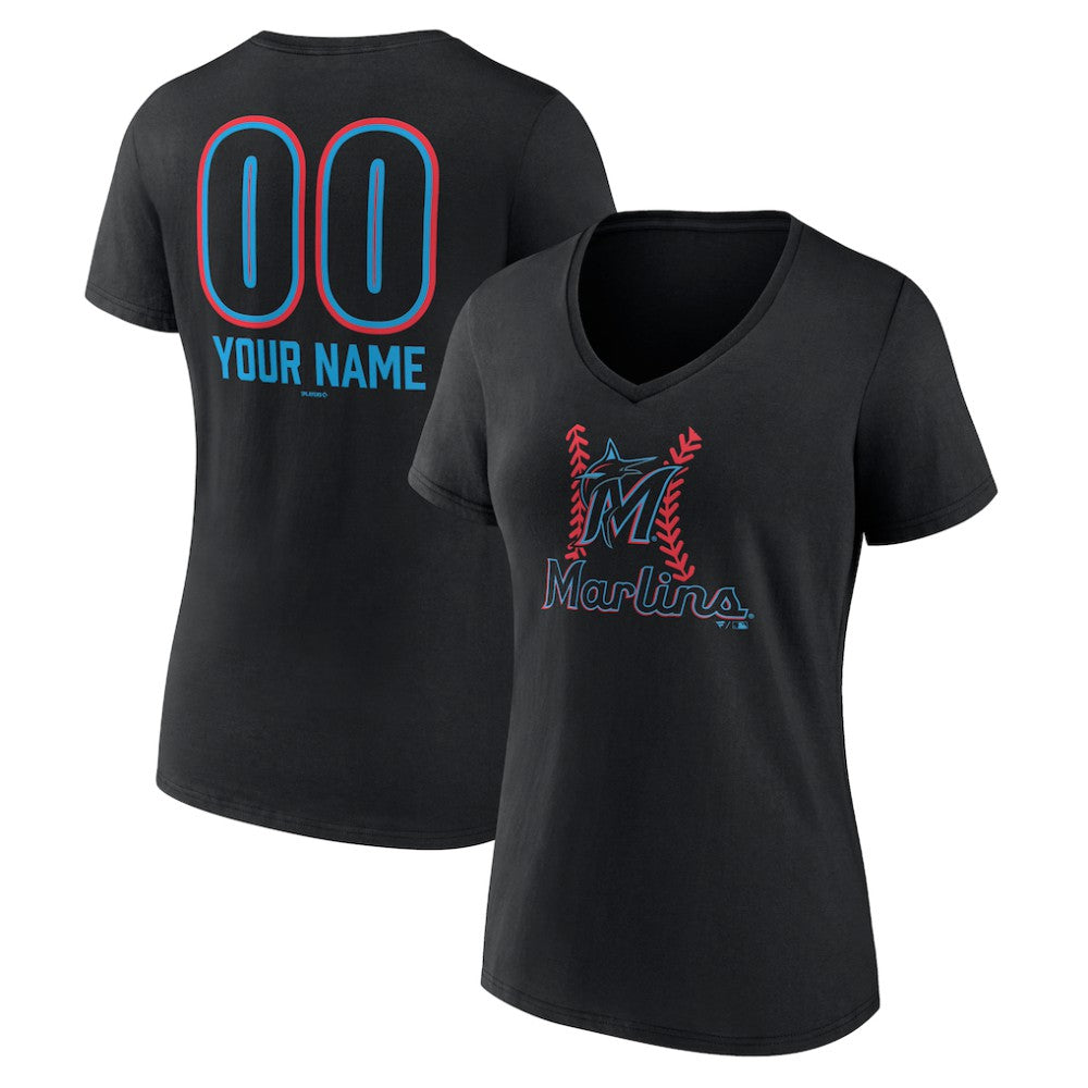 Miami Marlins Women's Personalized Name & Number Fastball V-Neck T-Shirt Black