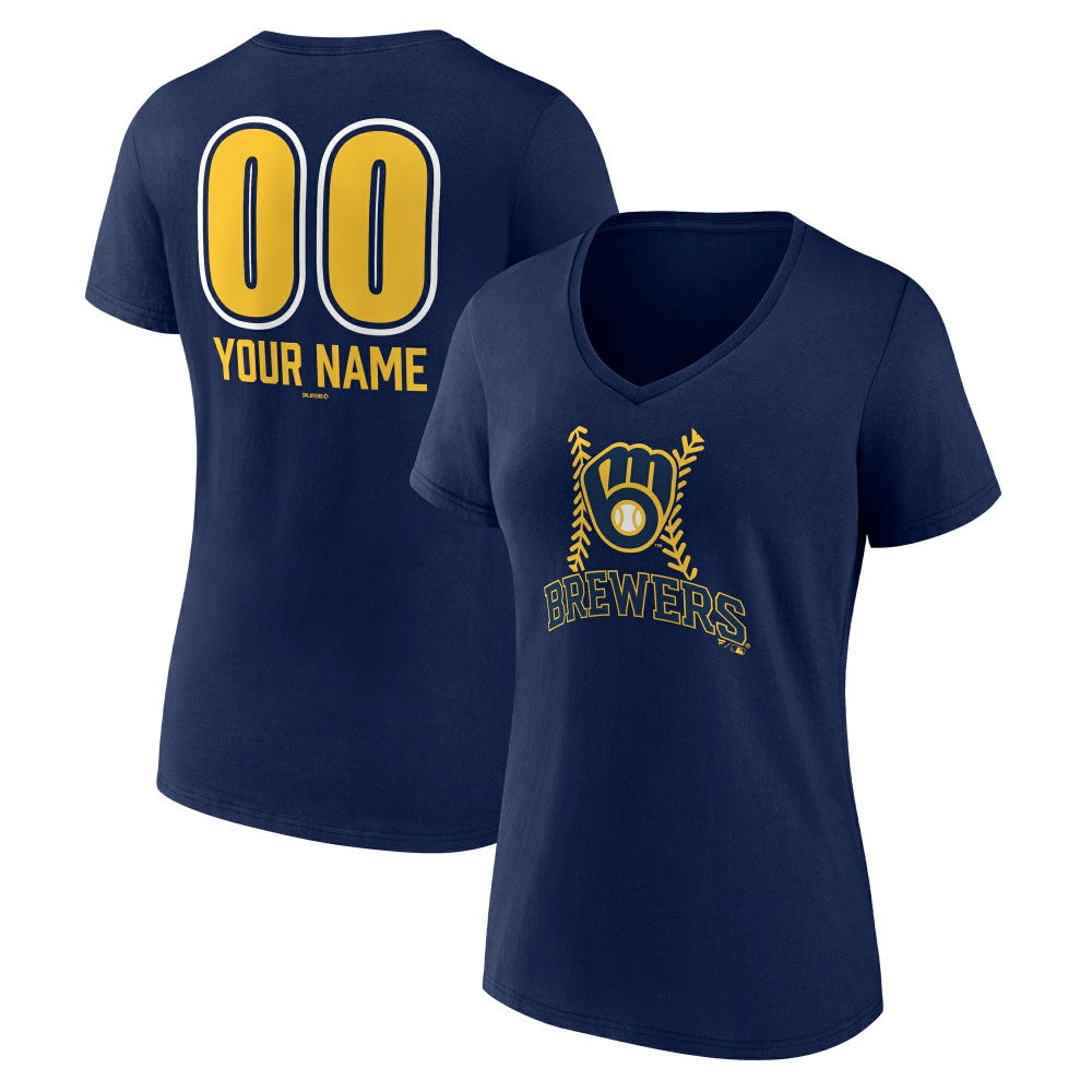 Milwaukee Brewers Women's Personalized Name & Number Fastball V-Neck T-Shirt Navy