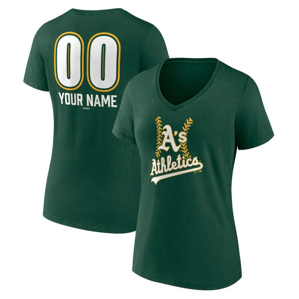 Athletics Women's Personalized Name & Number Fastball V-Neck T-Shirt Green