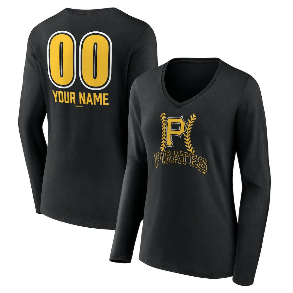 Pittsburgh Pirates Women's Personalized Name & Number Fastball Long Sleeve V-Neck T-Shirt Black