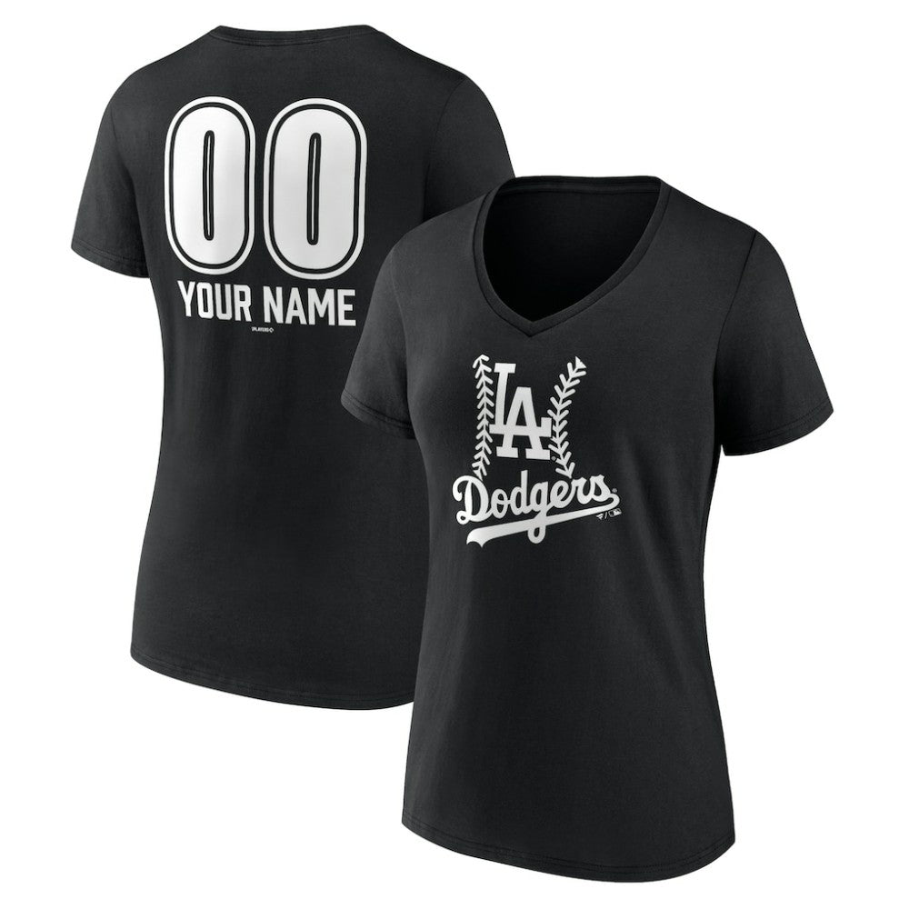 Los Angeles Dodgers Women's Personalized Name & Number Fastball V-Neck T-Shirt Black