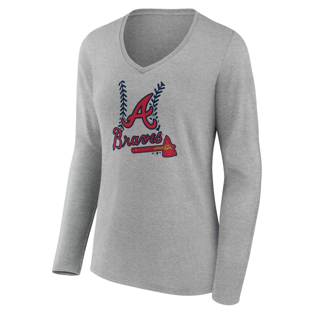Atlanta Braves Women's Personalized Name & Number Fastball Long Sleeve V-Neck T-Shirt Gray