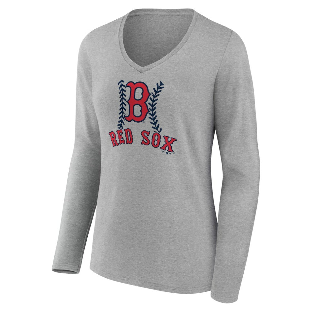 Boston Red Sox Women's Personalized Name & Number Fastball Long Sleeve V-Neck T-Shirt Gray