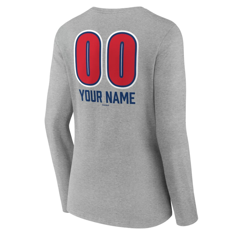 Chicago Cubs Women's Personalized Name & Number Fastball Long Sleeve V-Neck T-Shirt Gray