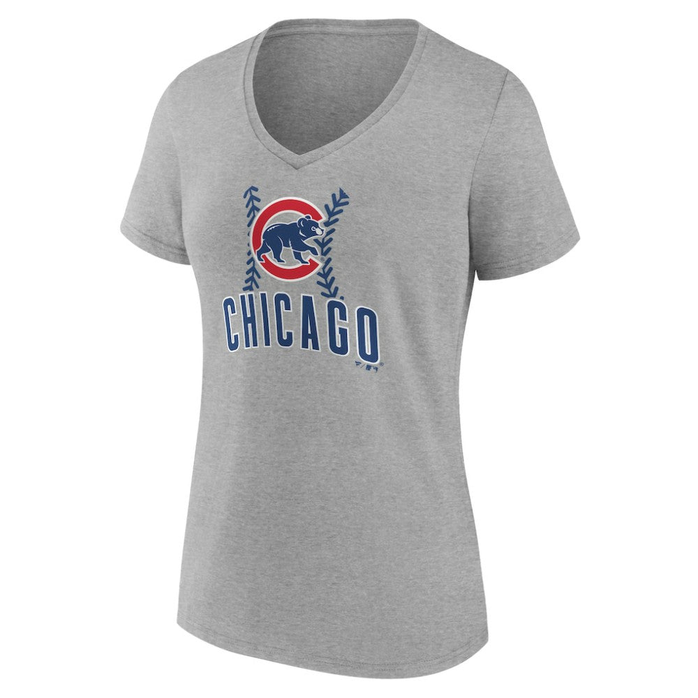 Chicago Cubs Women's Personalized Name & Number Fastball V-Neck T-Shirt Gray