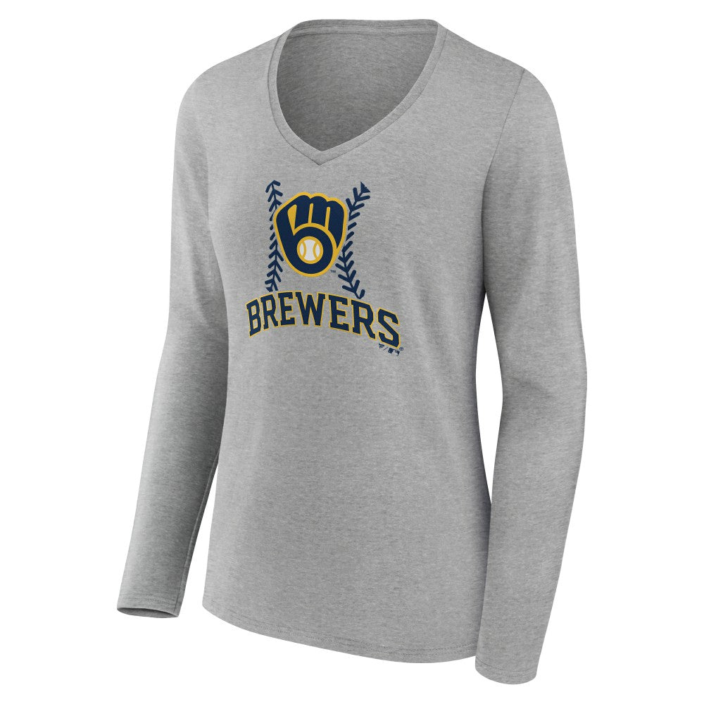 Milwaukee Brewers Women's Personalized Name & Number Fastball Long Sleeve V-Neck T-Shirt Gray