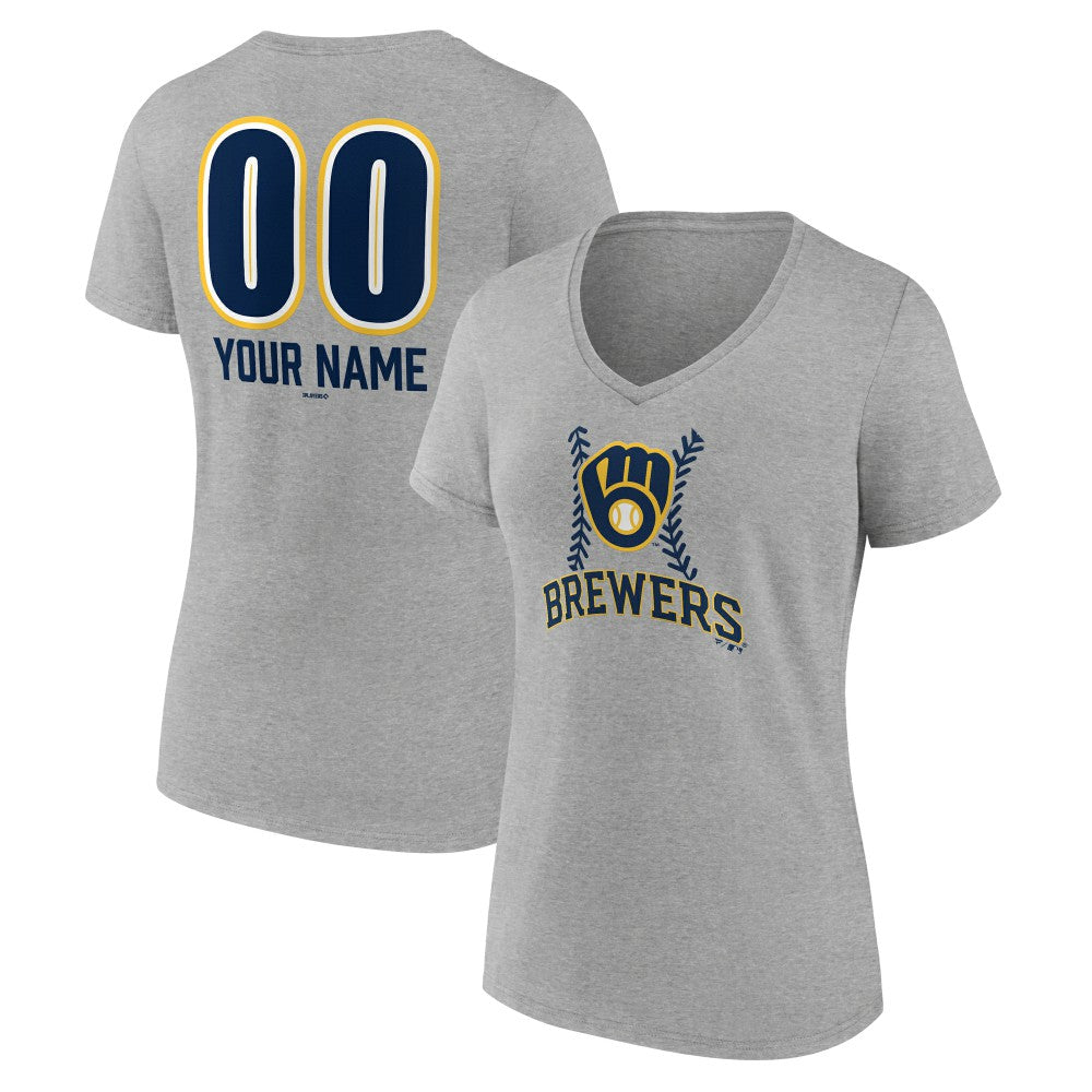 Milwaukee Brewers Women's Personalized Name & Number Fastball V-Neck T-Shirt Gray