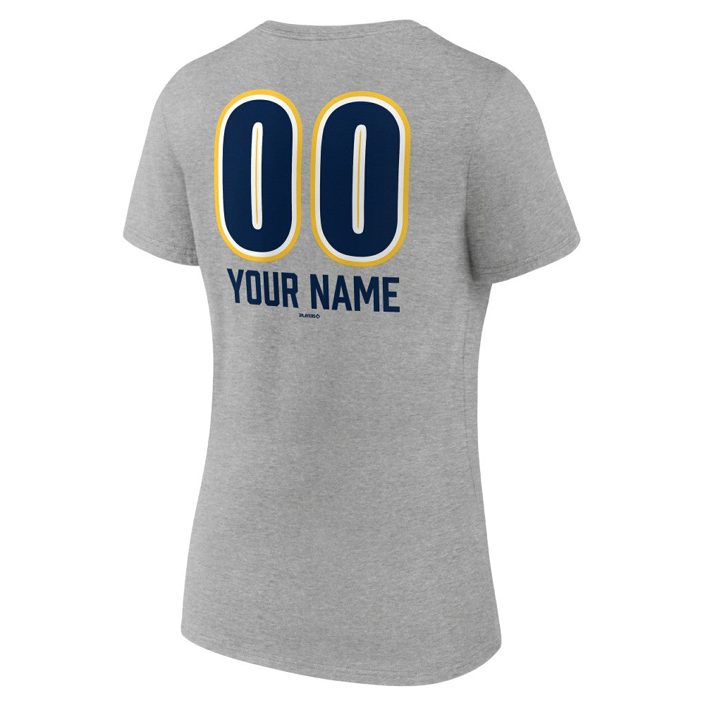 Milwaukee Brewers Women's Personalized Name & Number Fastball V-Neck T-Shirt Gray