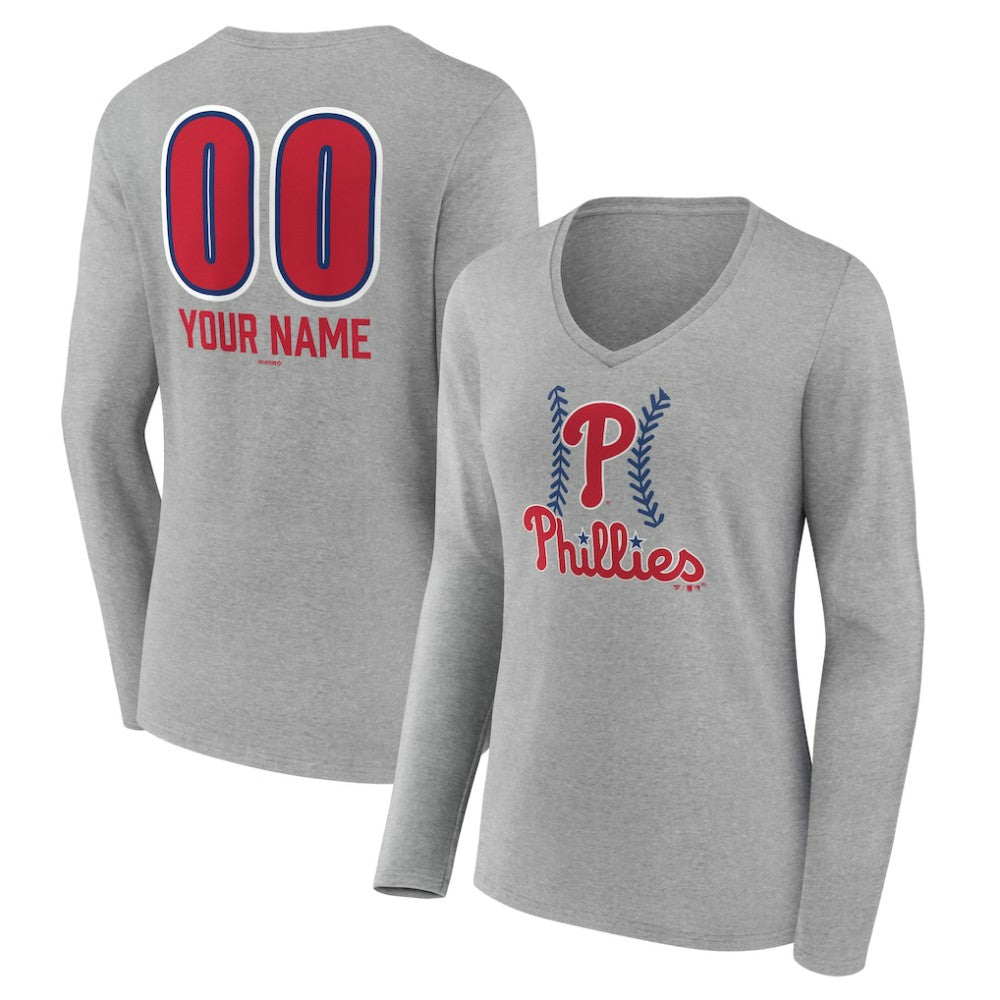 Philadelphia Phillies Women's Personalized Name & Number Fastball Long Sleeve V-Neck T-Shirt Gray