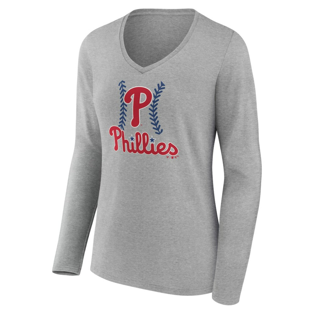 Philadelphia Phillies Women's Personalized Name & Number Fastball Long Sleeve V-Neck T-Shirt Gray
