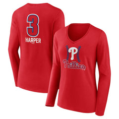 Bryce Harper Philadelphia Phillies Women's Fastball Player Name & Number Long Sleeve V-Neck T-Shirt Red