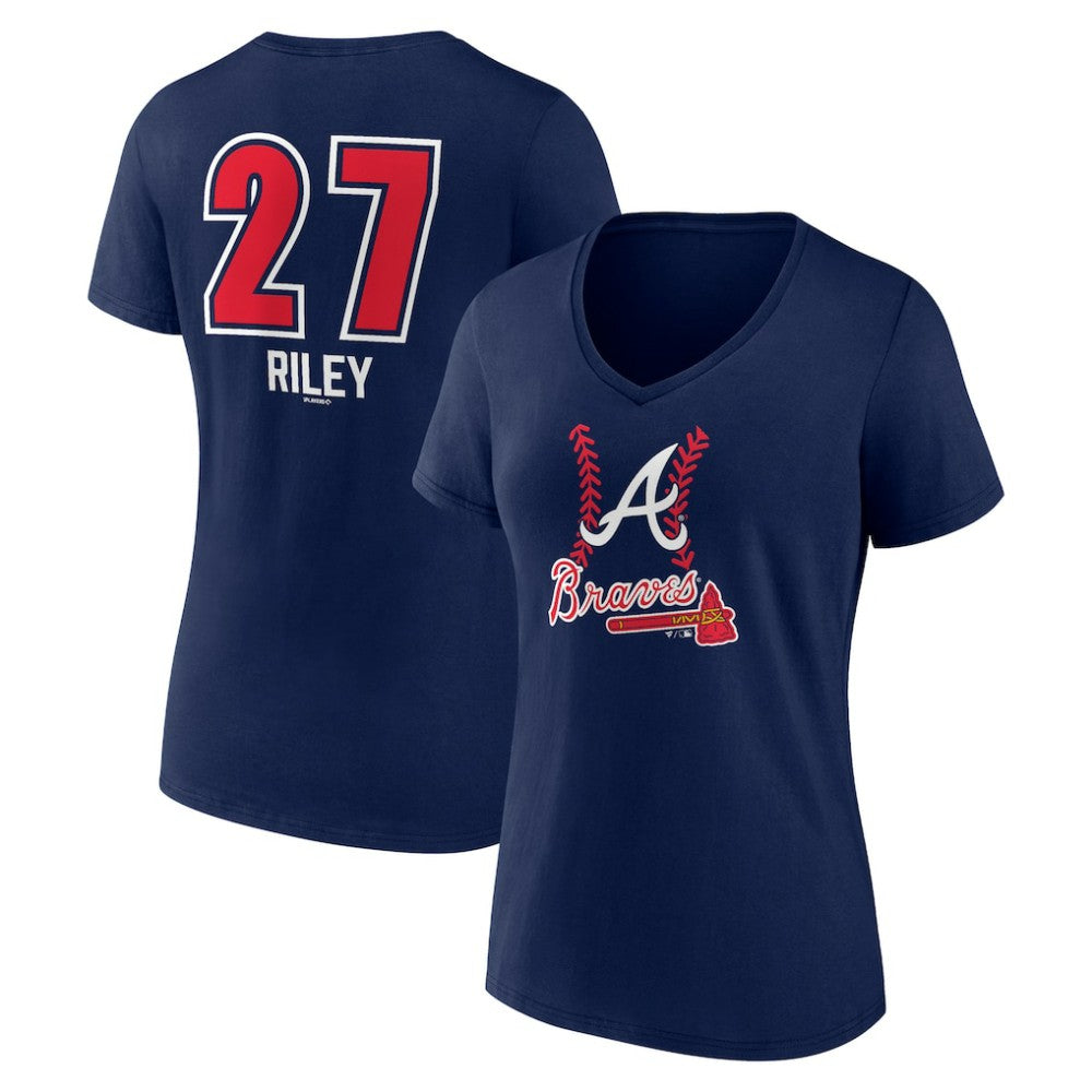 Austin Riley Atlanta Braves Women's Fastball Player Name & Number V-Neck T-Shirt Navy