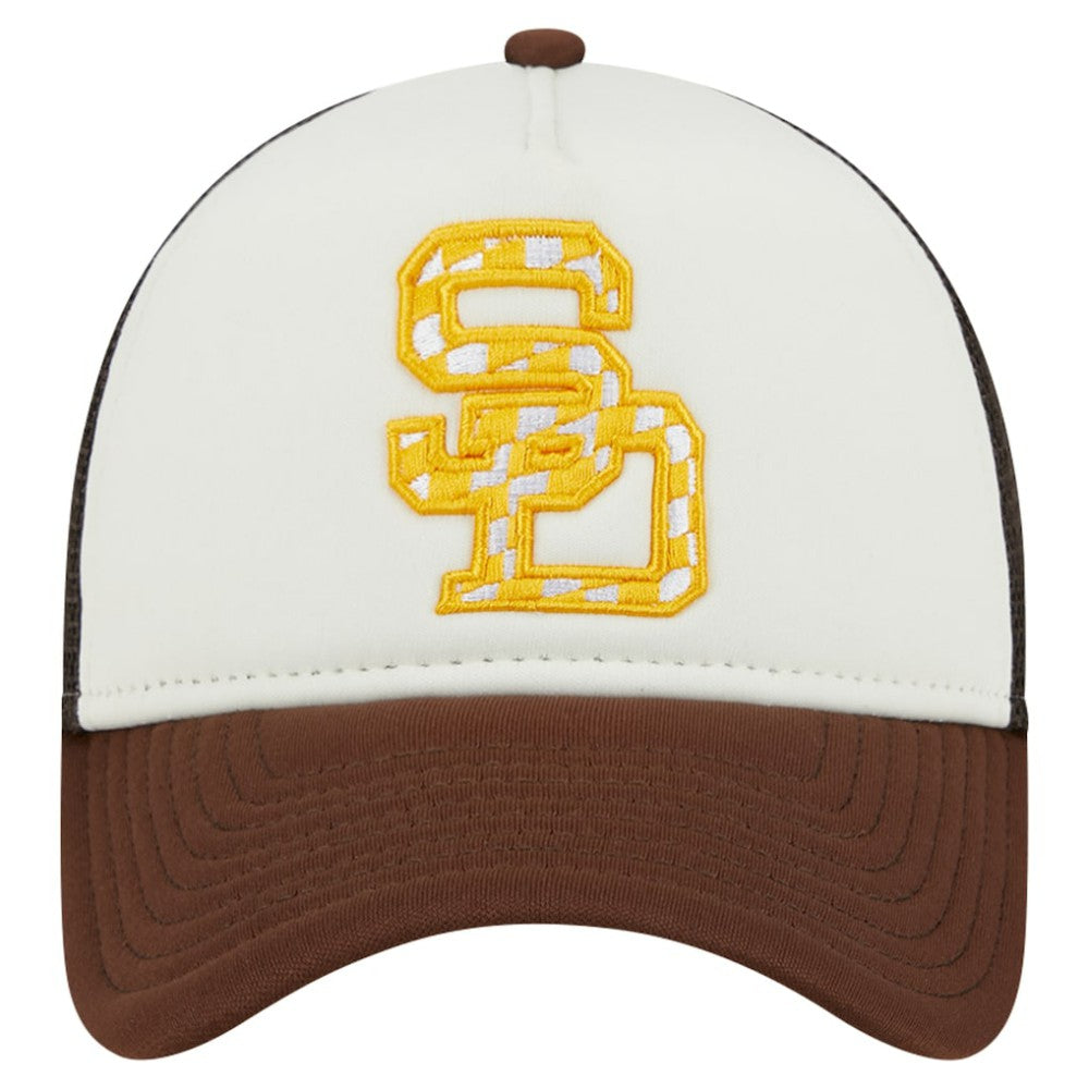 San Diego Padres Checkered Flag A-Frame Trucker 9FORTY Adjustable Hat White/Brown | New Era