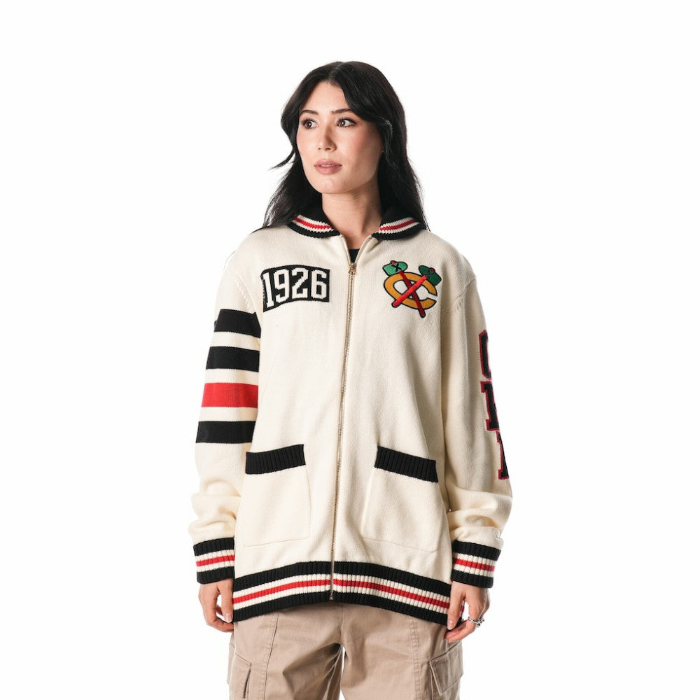 Chicago Blackhawks The Wild Collective Unisex Jacquard Full-Zip Sweater Cream