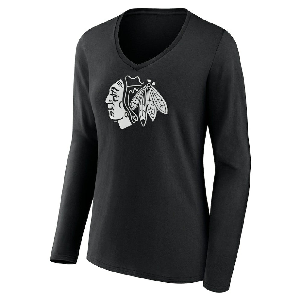 Chicago Blackhawks Women's Personalized Name & Number Monochrome Long Sleeve V-Neck T-Shirt Black