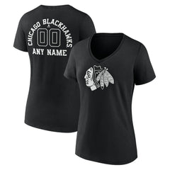 Chicago Blackhawks Women's Personalized Name & Number Monochrome V-Neck T-Shirt Black