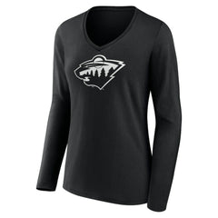 Minnesota Wild Women's Personalized Name & Number Monochrome Long Sleeve V-Neck T-Shirt Black
