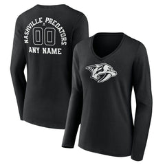Nashville Predators Women's Personalized Name & Number Monochrome Long Sleeve V-Neck T-Shirt Black